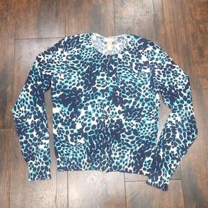 Banana Republic animal print cardigan M navy+teal enamel button cheetah sweater